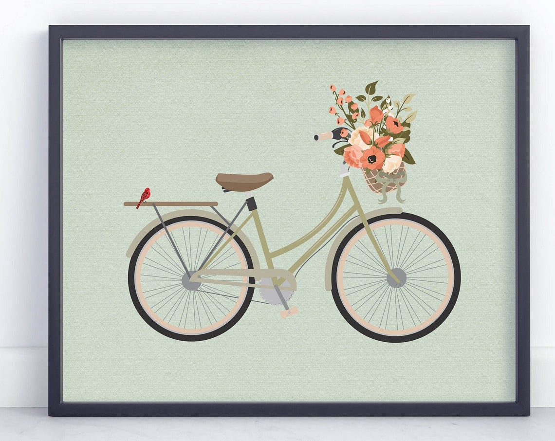 Vintage Sage Green Bicycle Flower Basket Mint Botanical Wall Art - Image 2