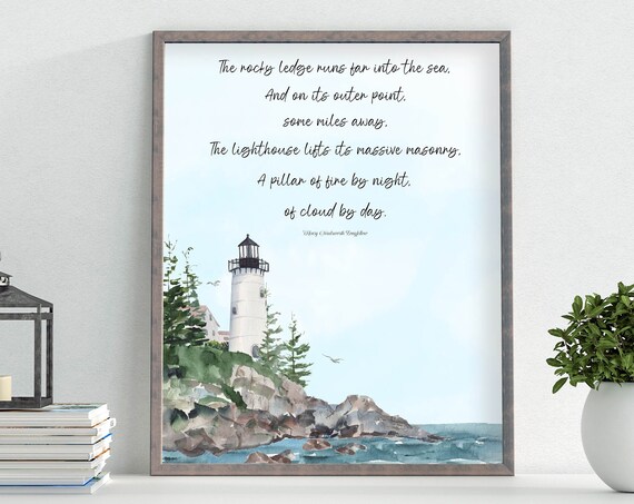 Longfellow Lighthouse Poem Watercolor Coastal Beach House Wall Art