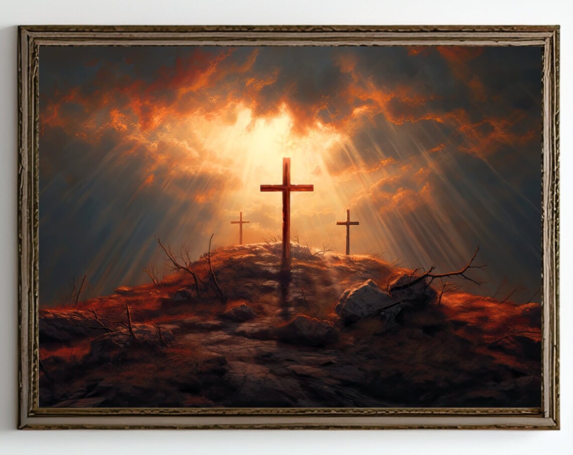 Three Crosses on Calvary Hill Dramatic Heavenly Light Christian Art Print