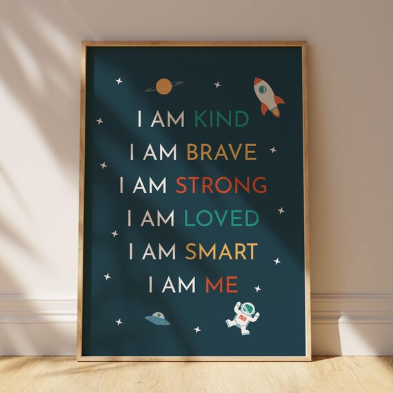 I Am Kind Brave Strong Loved Smart Me Space Affirmation Kids Poster