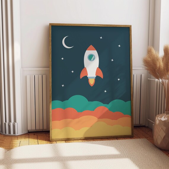 Space Rocket Colorful Starry Night Sky Kids Nursery Illustration Poster
