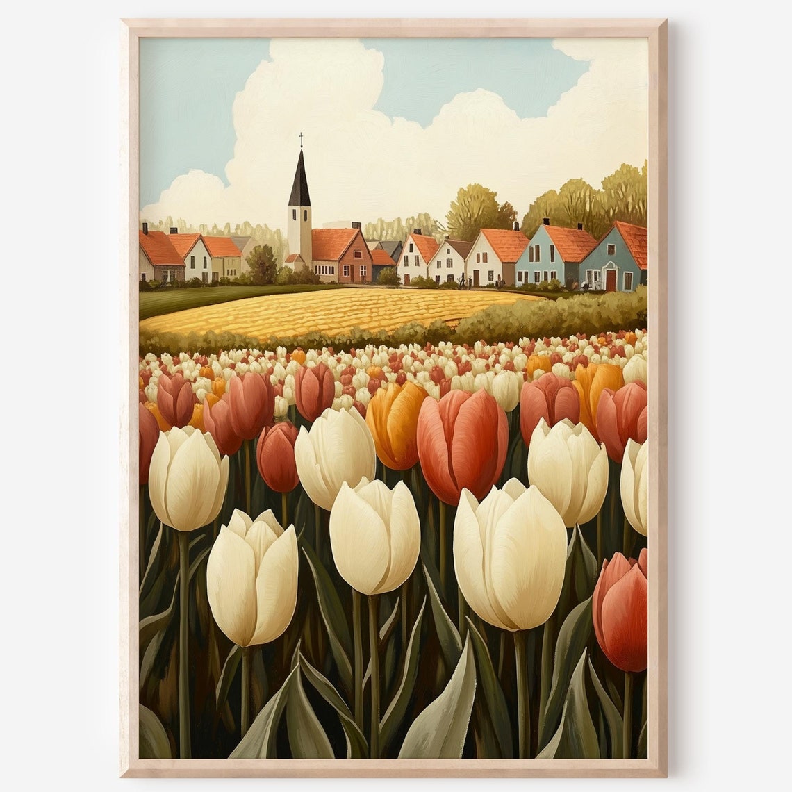 Tulip Field Wall Art Countryside Village Print Rustic Spring Decor Cute Spring Print Spring Village Spring Farmhouse
