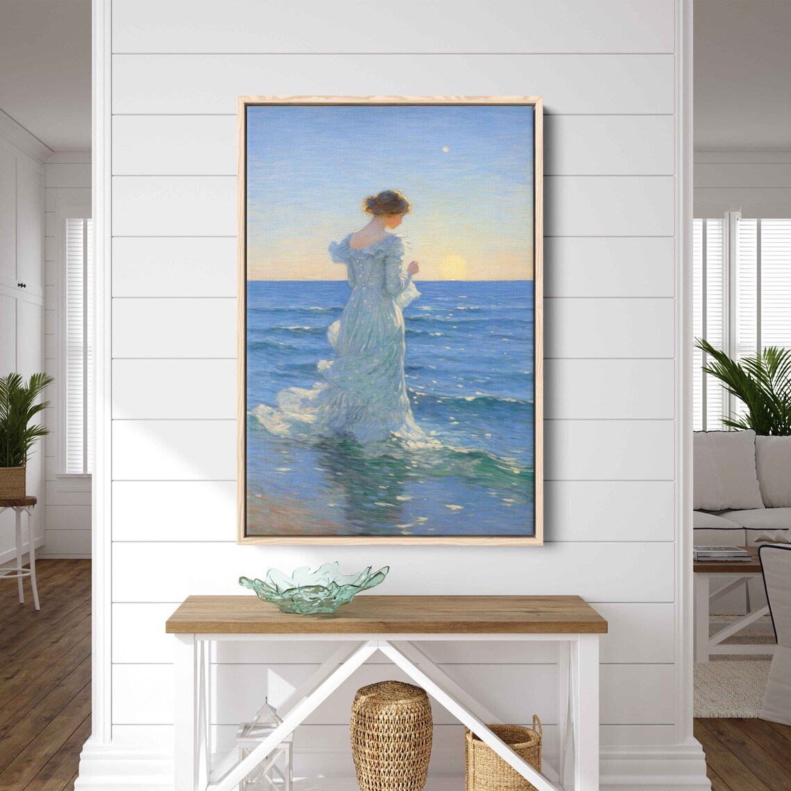 Woman In White Dress Ocean Sunrise Impressionist Painting Coastal Art Print - Image 3