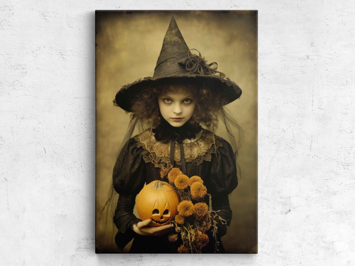 Vintage Witch Girl In Hat Holding Pumpkin Spooky Portrait Art Print