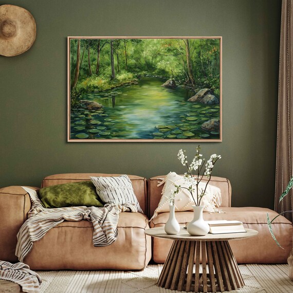 Tranquil Lake Inside Forest Painting Lily Pads Lush Greenery Wall Art Print Ready To Hang