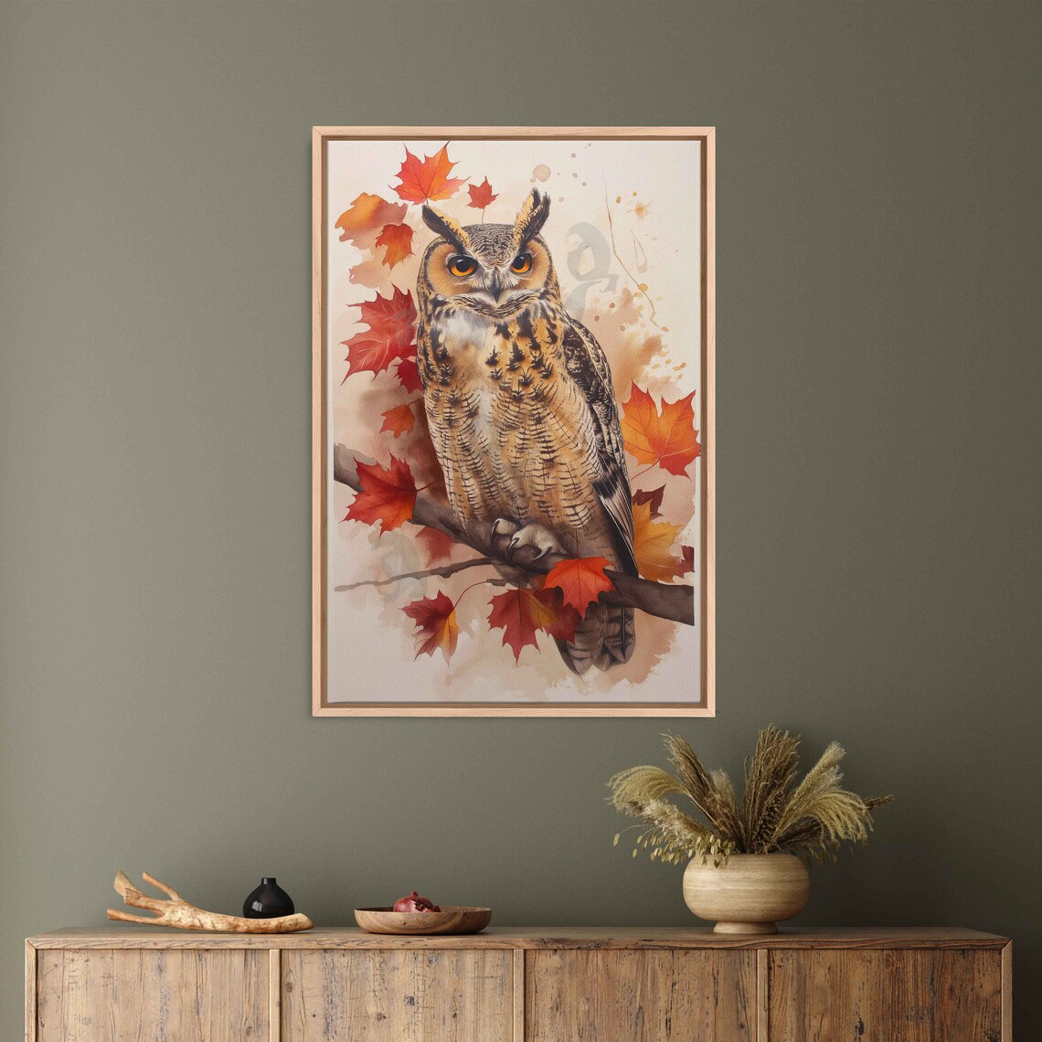 Great Horned Owl On Branch Surrounded By Red Autumn Leaves Poster