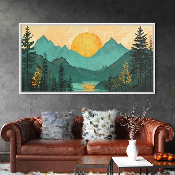 Woodcut Sunset Over Mountain Stream And Forest Wall Art Print Nature Lover Outdoors Scenery Gift For Hiker Ready To Hang