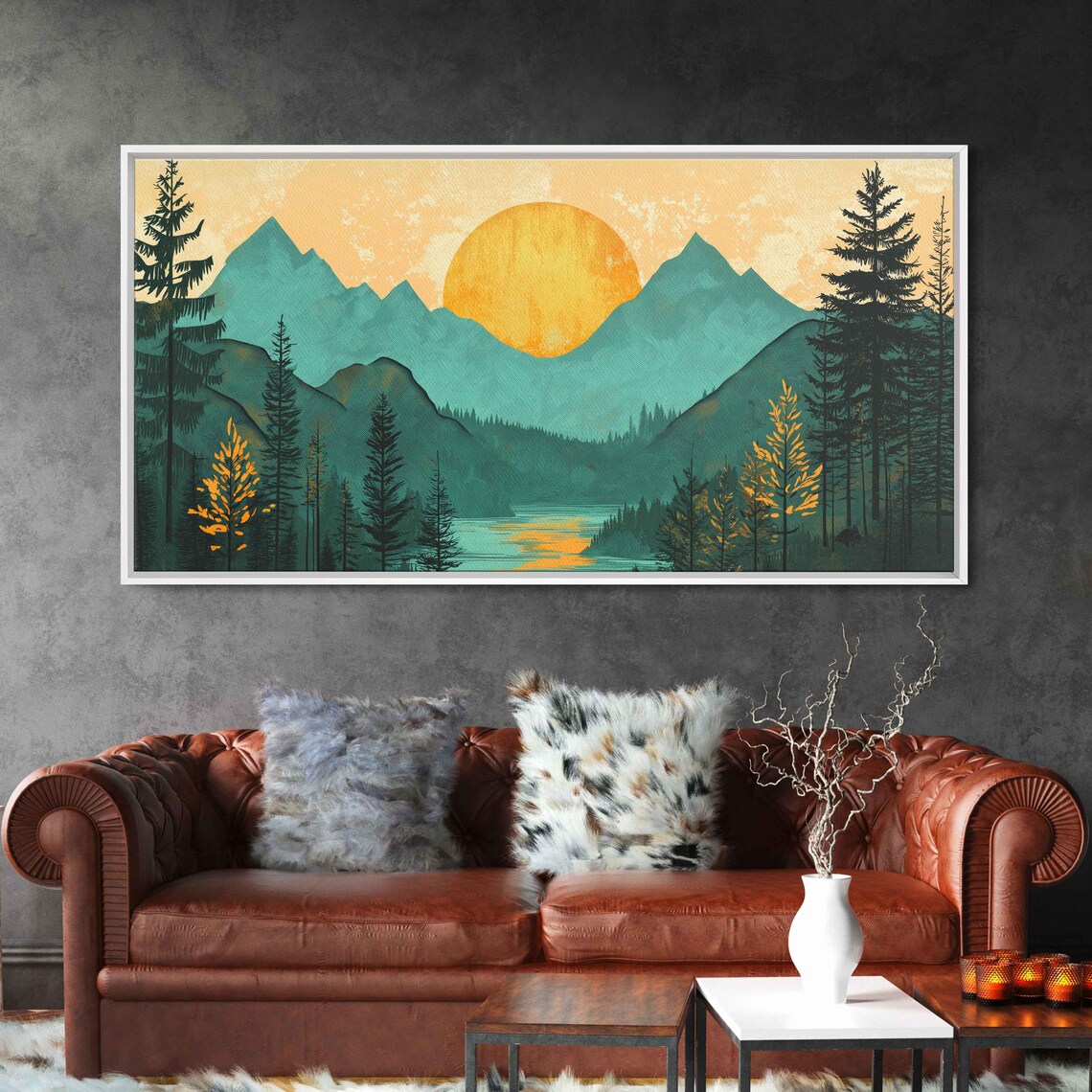 Woodcut Mountain Sunset Golden Sun Winding River Valley Poster