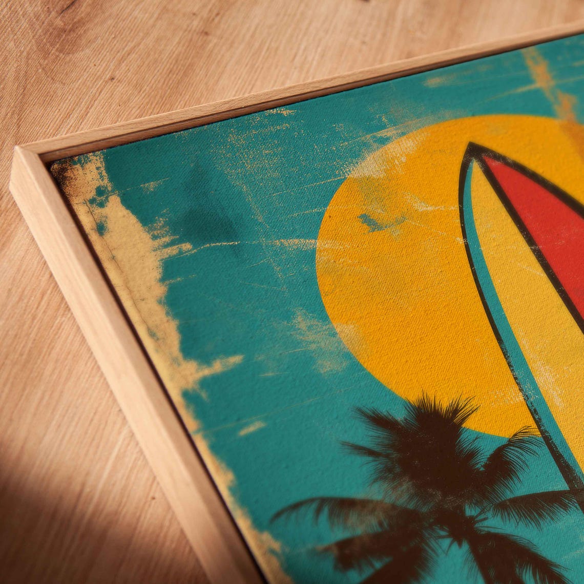 Vintage Surfboard On Sandy Beach Wall Art Print Beach Life Tropical Island Gift For Surfer Palm Trees Ready To Hang - Image 2