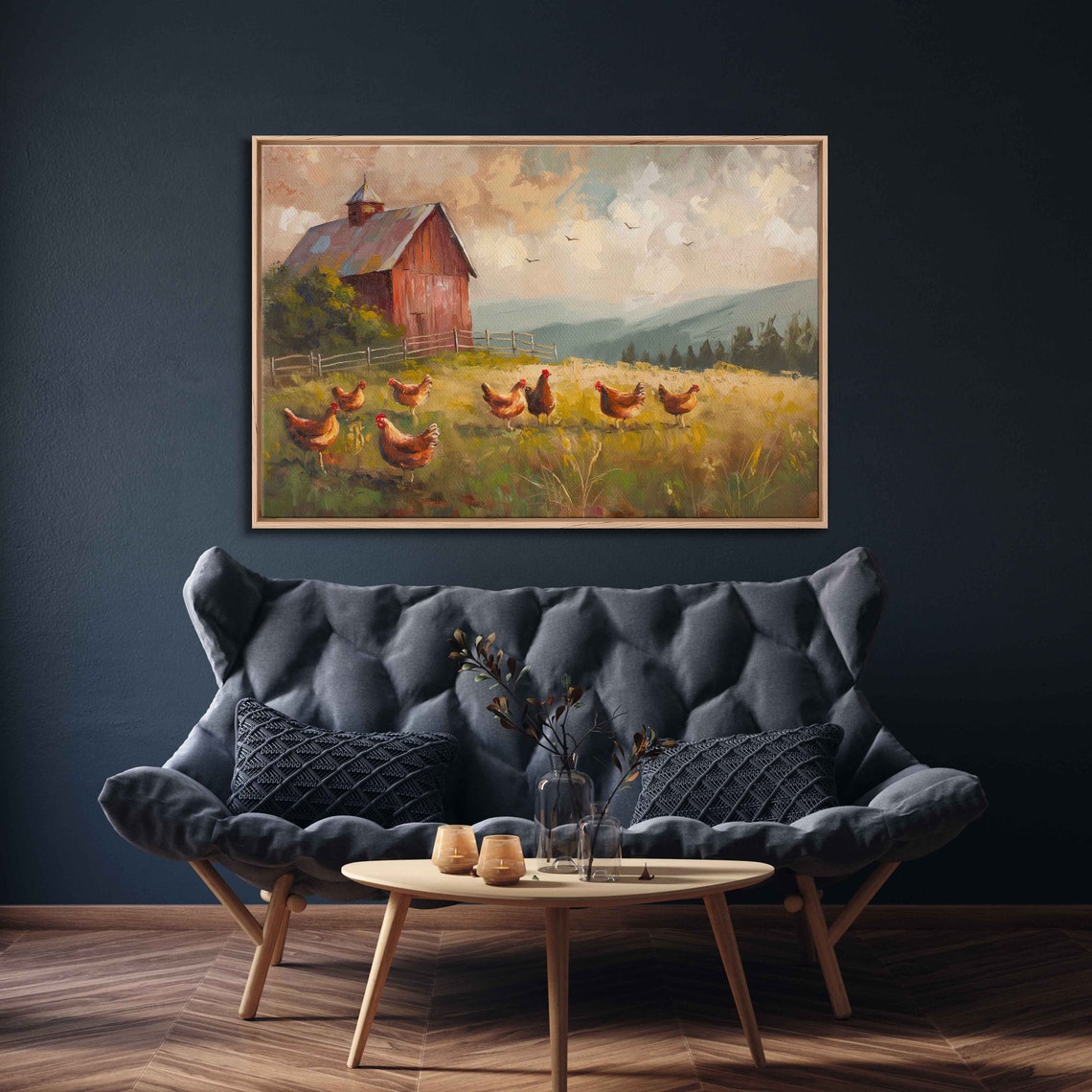 Chickens Roosters Red Barn Golden Field Mountain Backdrop Painting - Image 3