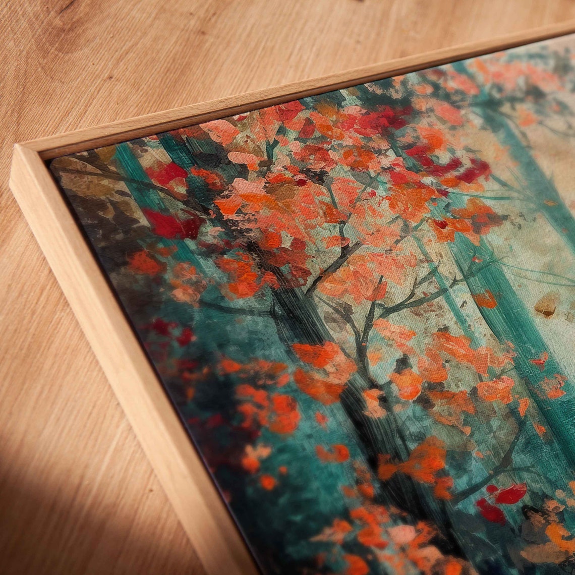 Abstract Autumn Forest Teal Trees Orange Foliage Modern Art Print - Image 2