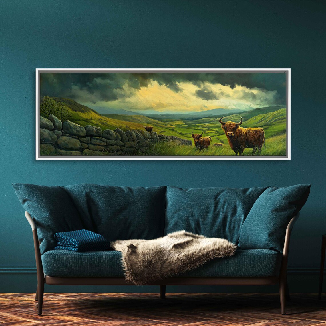 Highland Cows Panorama, Scottish Landscape Art Print