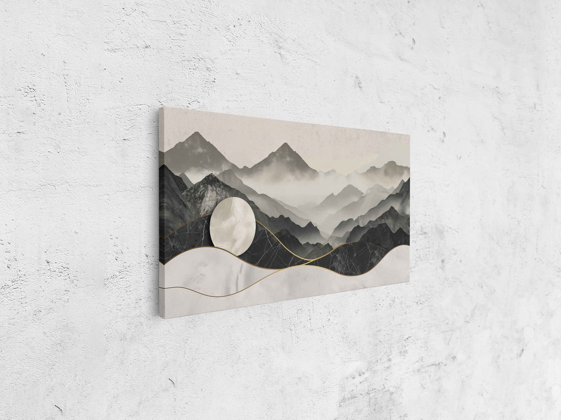 Panoramic Chinese Ink Mountains Gold Trim White Moon Minimalist Poster - Image 4