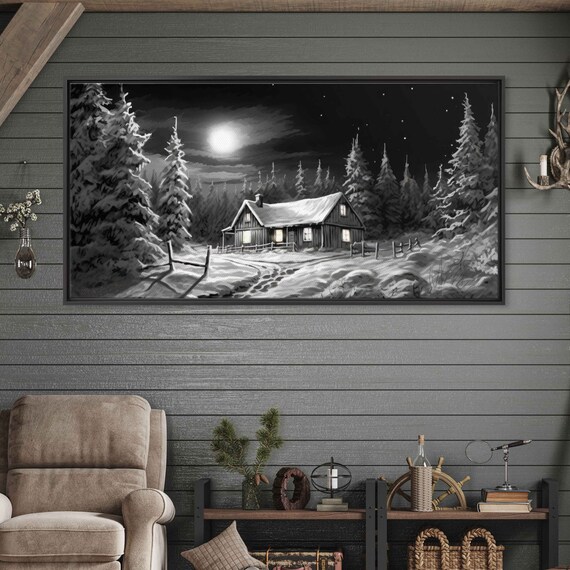 Log Cabin Winter Landscape, Black And White Art Print