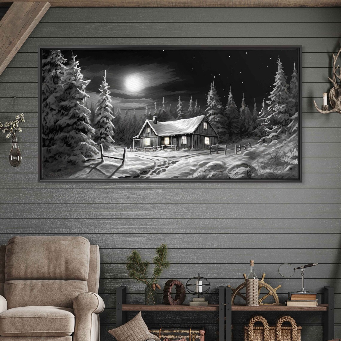 Log Cabin Winter Landscape, Black And White Art Print