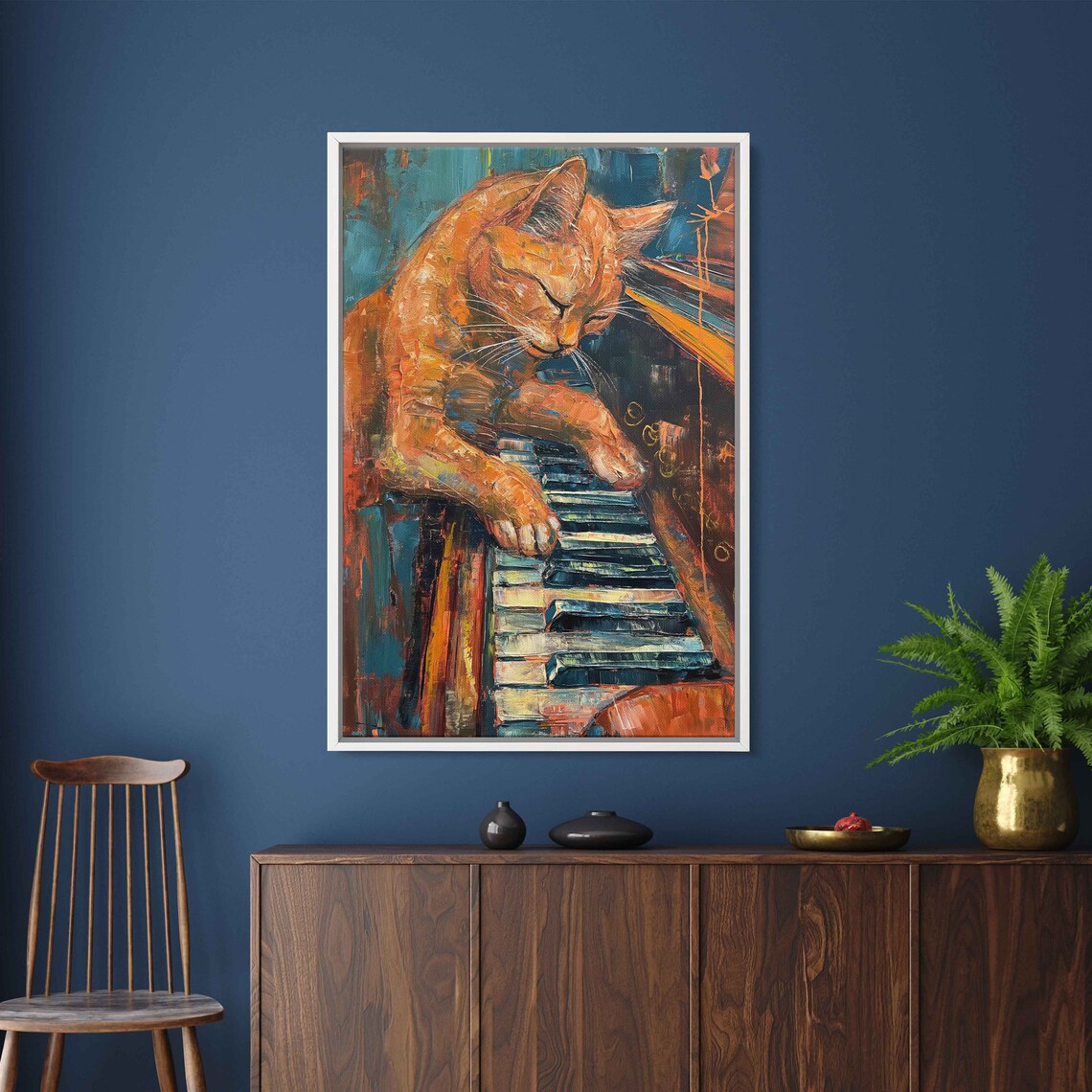 Orange Tabby Cat Playing Piano Palette Knife Painting Whimsical Pet Poster