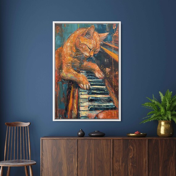 Orange Tabby Cat Playing Piano Palette Knife Painting Whimsical Pet Poster