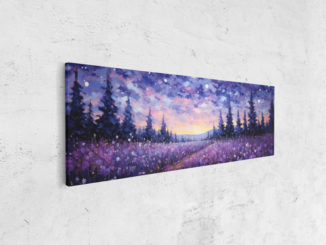 Lavender Field Starry Night Sky Pine Forest Purple Panoramic Painting Poster - Image 4