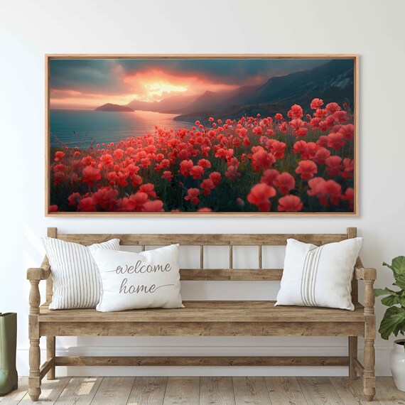 Red Poppy Field Ocean Sunset Dramatic Sky Coastal Landscape Wall Art