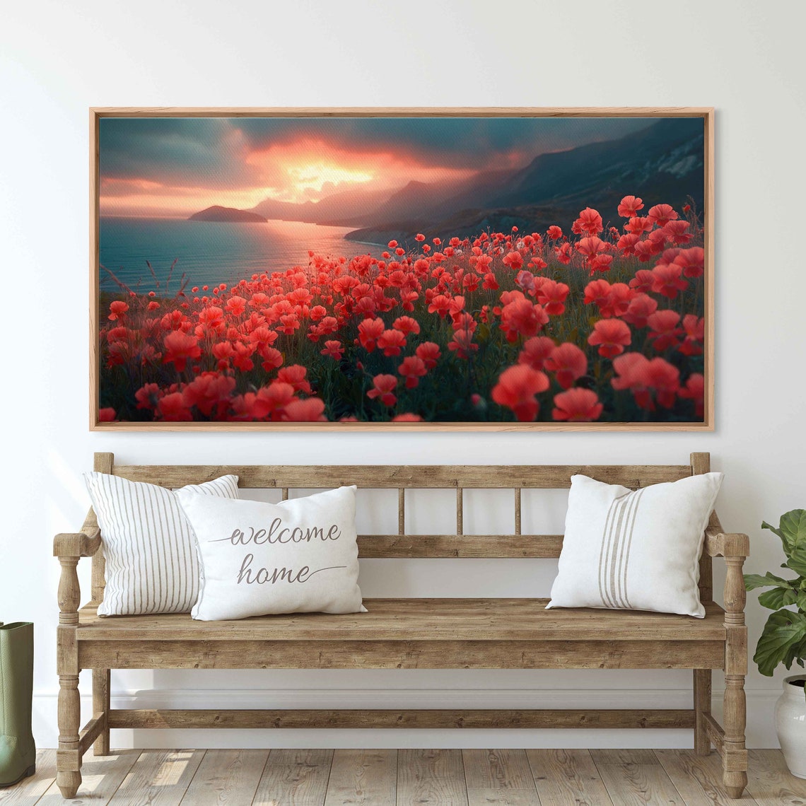 Red Poppy Field Ocean Sunset Dramatic Sky Coastal Landscape Wall Art