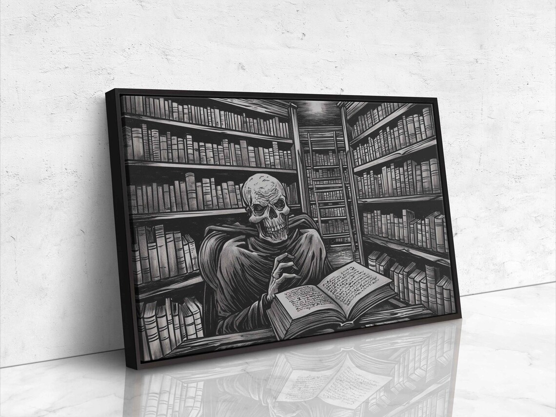 Hooded Skeleton Reading Big Book At Desk In Dark Library Ink Art Poster - Image 4