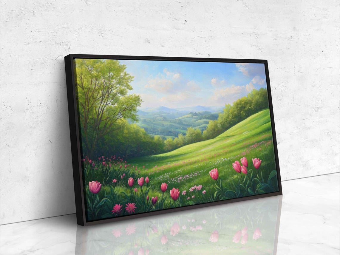 Spring Meadow With Pink Tulips And Wildflowers Landscape Wall Poster - Image 4