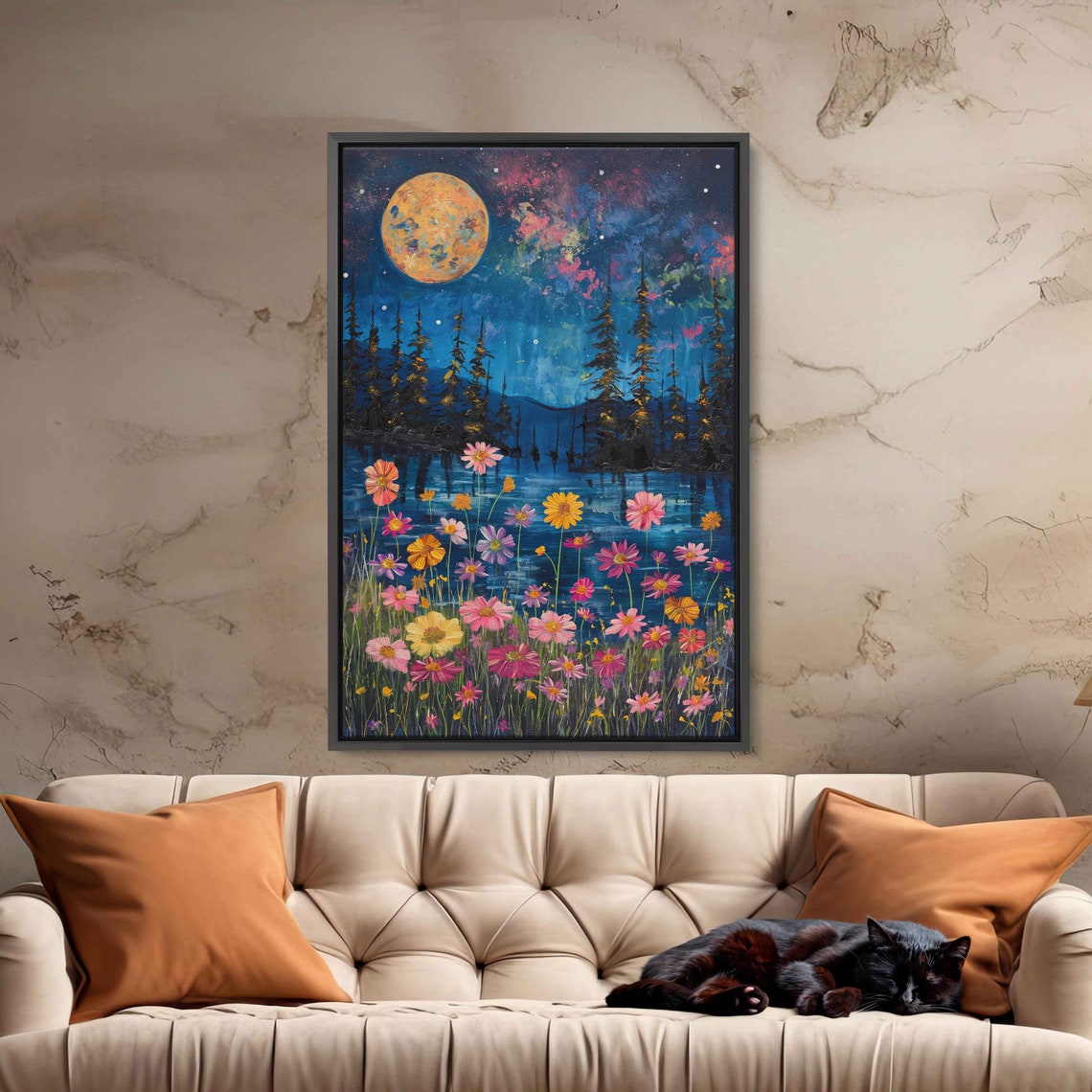 Golden Moon Wildflower Lake Pine Trees Night Sky Reflective Art Poster - Image 2
