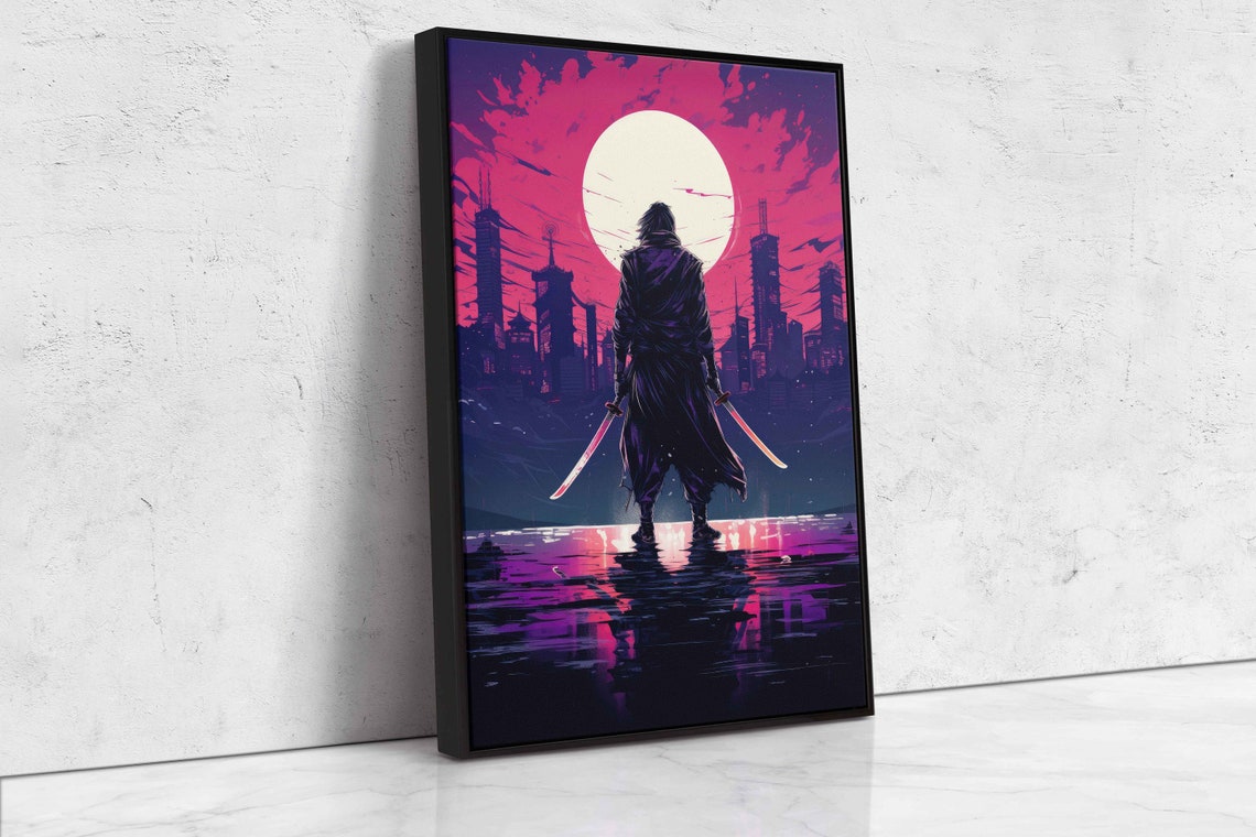 Samurai Dual Katanas Neon Pink Skyline Full Moon Reflection Art Print - Image 4
