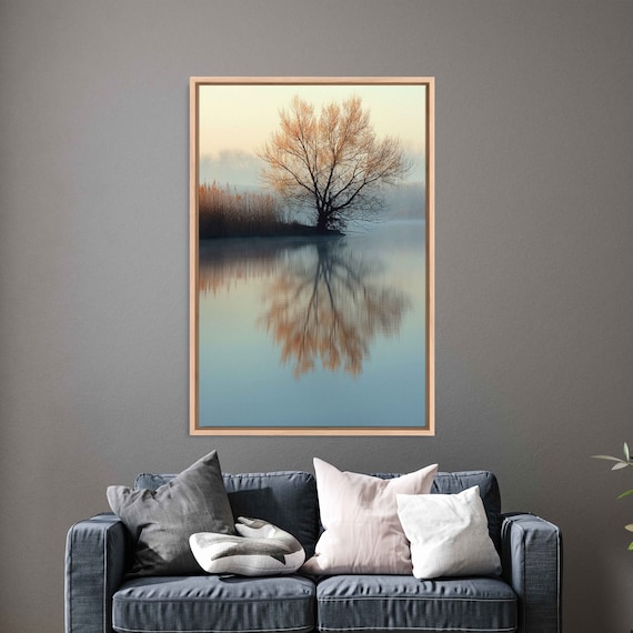 Lone Tree With Reflection Overhanging Calm Waters On Lakeshore Wall Art Print Nature Photo Cabin Decor Ready To Hang