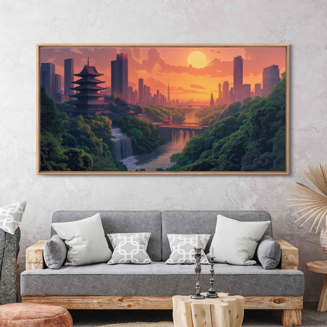 Stunning Modern Ukiyo E Landscape Wall Art Print Futuristic Skyline Traditional Temples Sunset