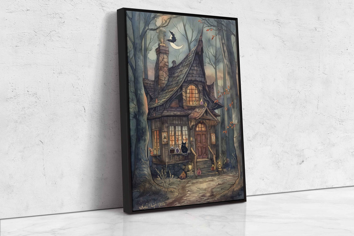 Cozy Witch Cottage Woods Black Cat Flying Broom Moon Halloween Print - Image 4