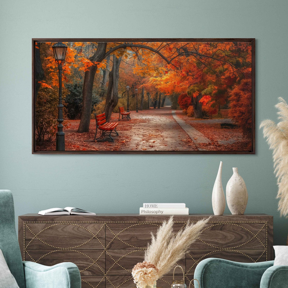 Autumn Park Path With Red Benches And Vintage Street Lamps Poster
