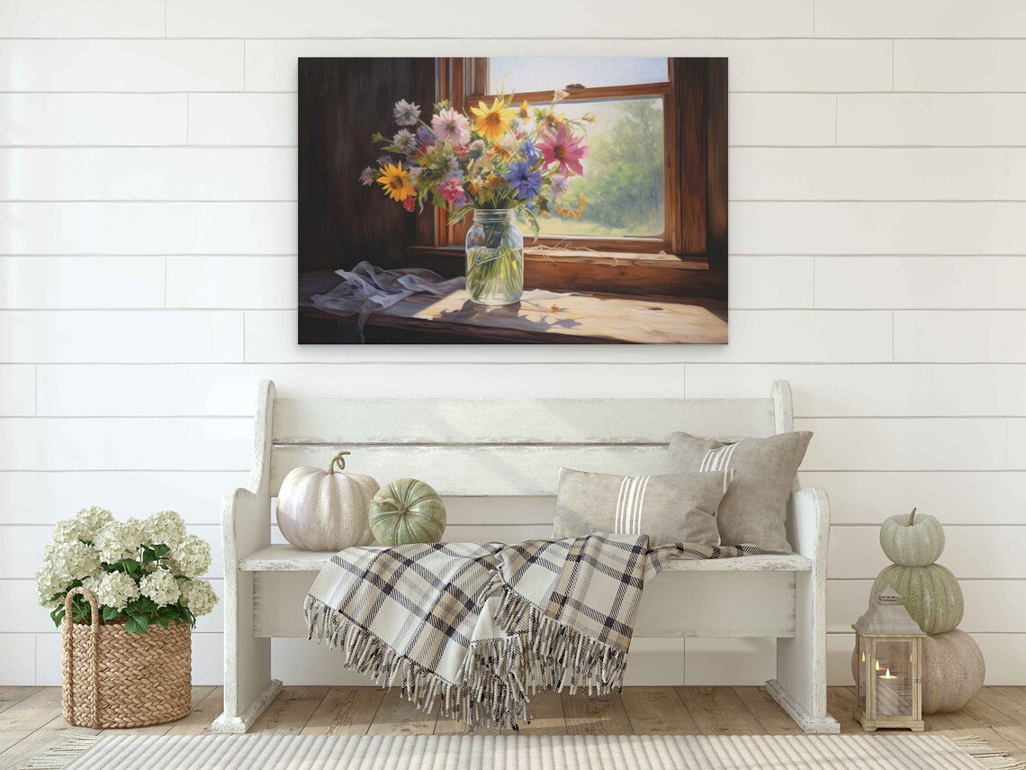 Flowers In Mason Jar Rustic Botanical Art Print - Image 2