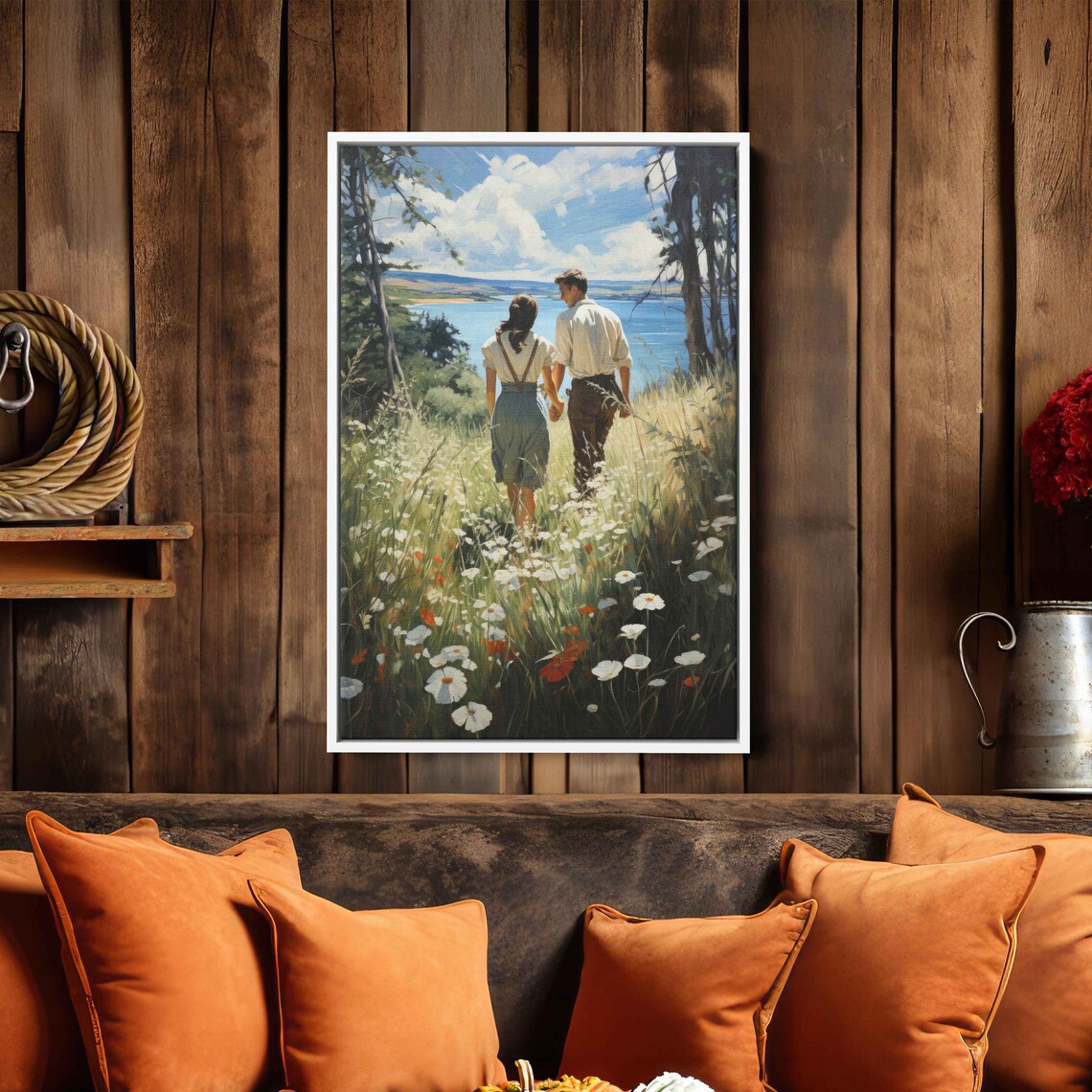 Romantic Couple Walking Wildflower Field Lakeside Vintage Poster - Image 3