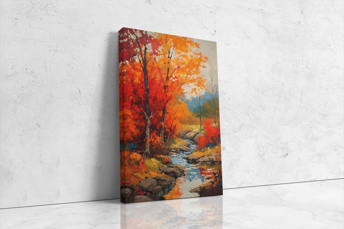 Autumn River Landscape Orange Foliage Rocky Stream Painting Poster - Image 4
