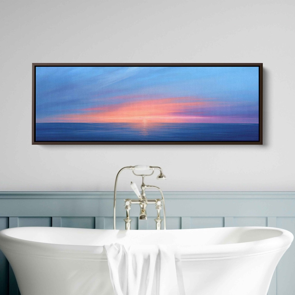 Serene Ocean Sunset Calm Blue Water Pink Sky Panoramic Wall Art - Image 2