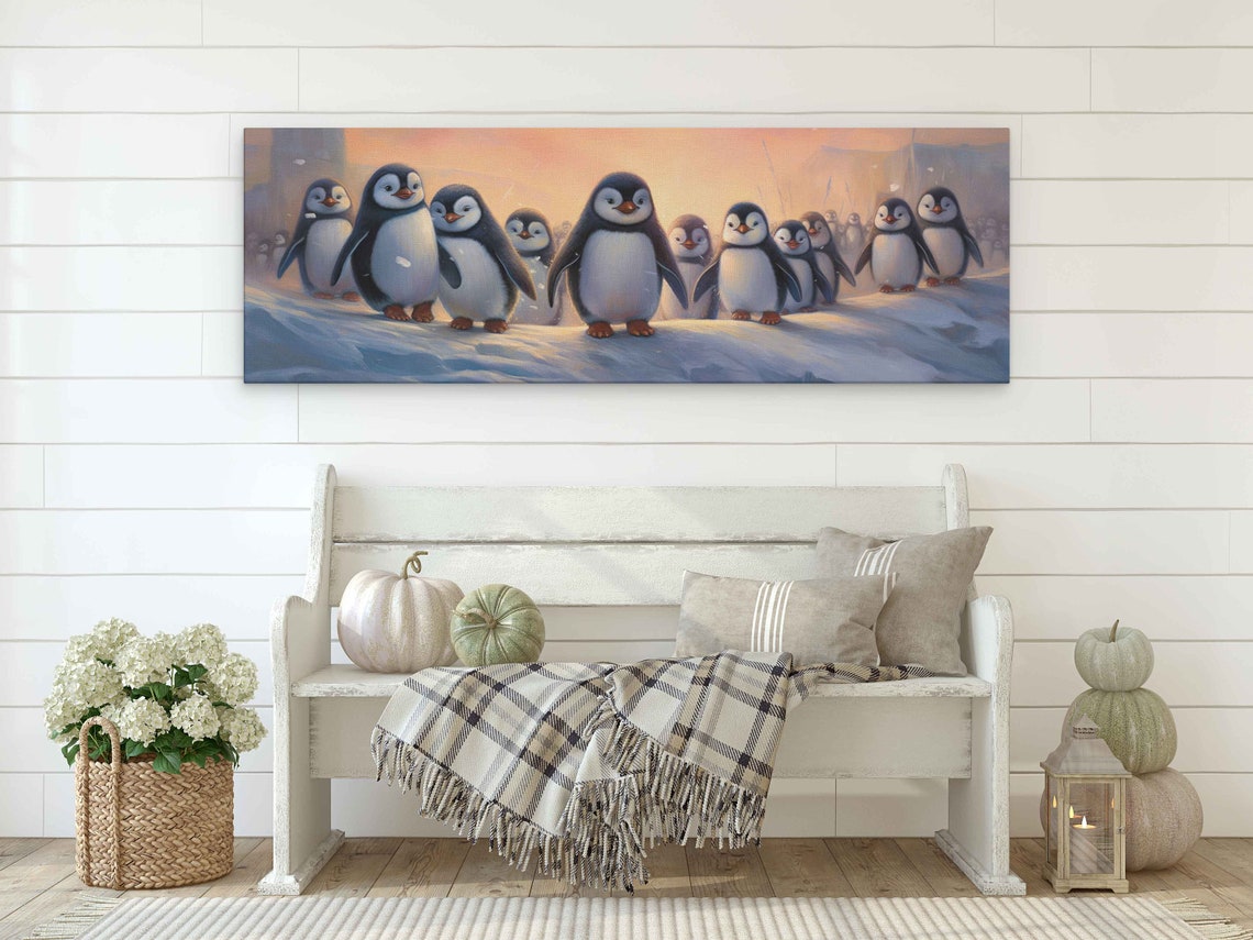 Cute Arctic Penguins Snowy Panoramic Landscape Painting Print On Ready To Hang Penguin Nursery Wall Art - Image 2