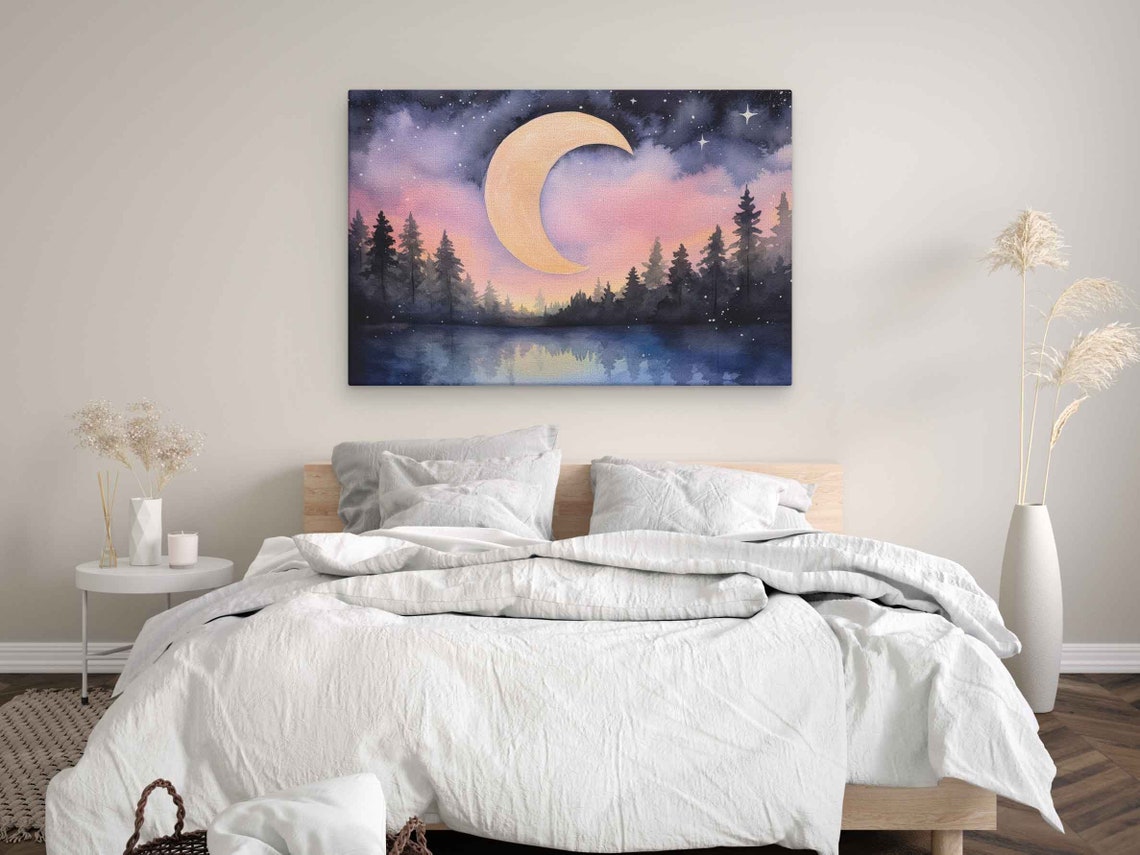 Watercolor Serene Night Sky Moon Print On Ready To Hang - Image 3