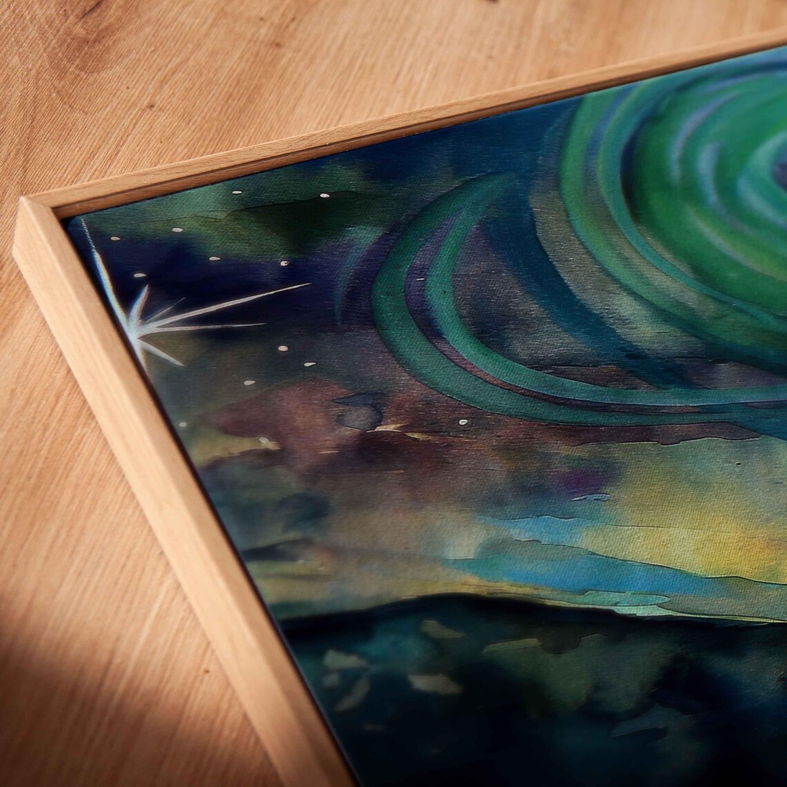Watercolor Aurora Ribbons Flowing Over Mountain Lake Night Sky Wall Poster - Image 2