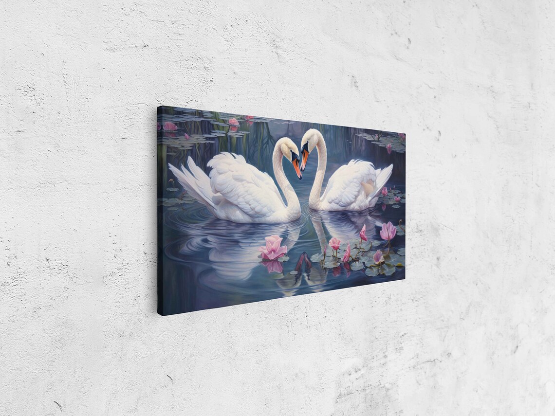 White Swans Heart Shape Pond Pink Lotus Romantic Painting Poster - Image 4