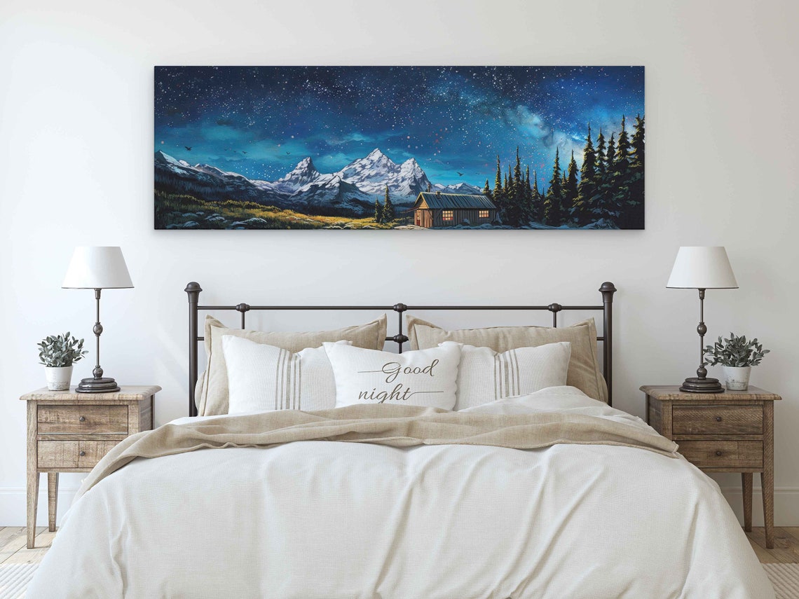 Panoramic Cabin Under Milky Way Night Sky Snowy Peaks Forest Wall Art - Image 3