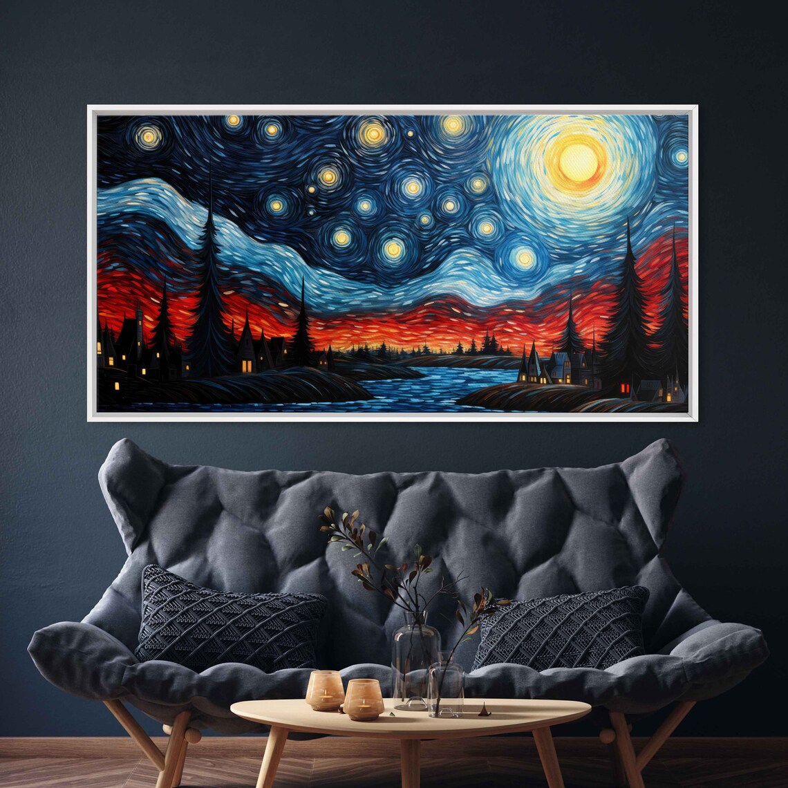 Starry Night River Town Moonlit Water Swirling Blue Sky Van Gogh Art Print