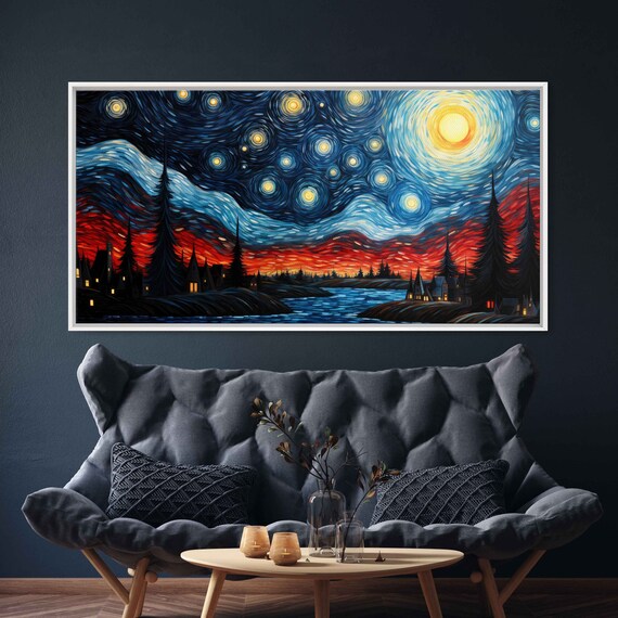 Starry Night Van Gogh Inspired Wall Art Print Tranquil Town On Water Ready To Hang