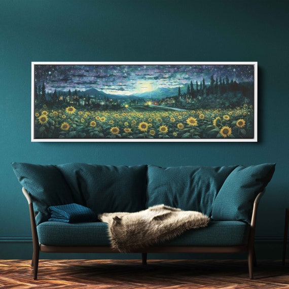 Panoramic Sunflower Field At Night City Outskirts Beautiful Starry Night Sky Painting Reproduction Print Ready To Hang
