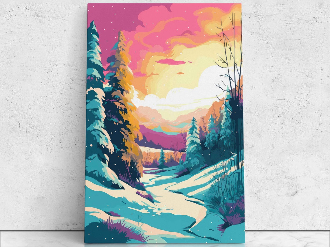 Vibrant Winter Sunset Snowy Pine Valley Pop Art Landscape Poster