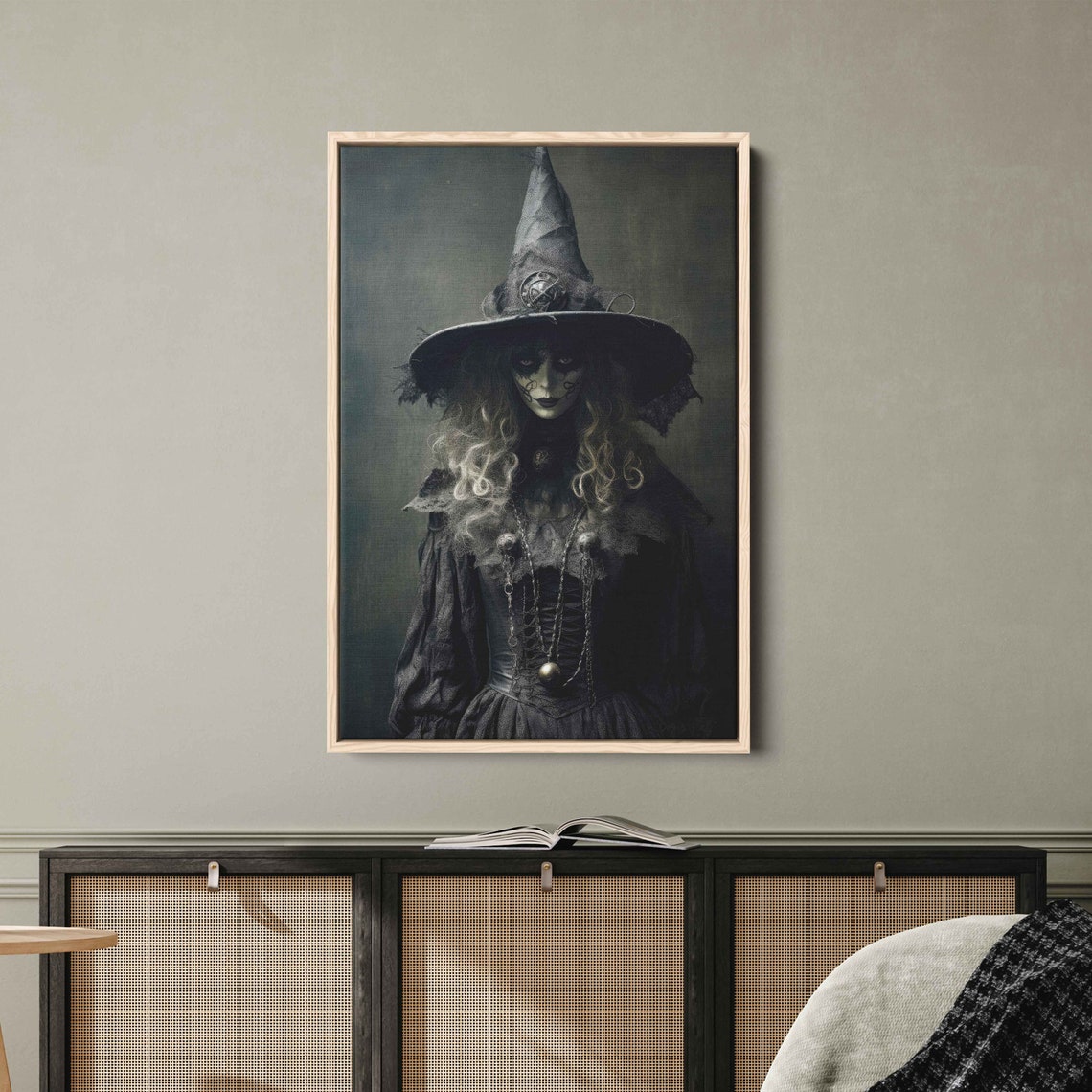 Dark Witch Portrait With Skull Hat Vintage Gothic Halloween Print - Image 3