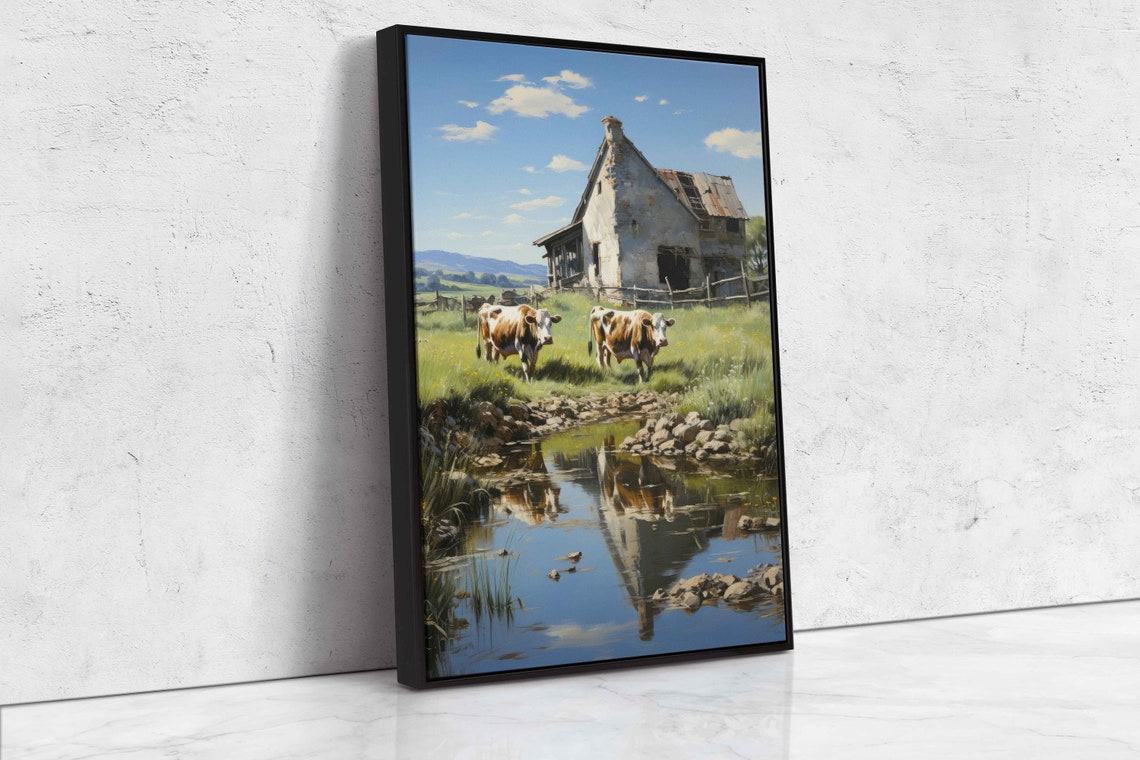 Old Barn Cows Grazing Sunny Pasture Pond Reflections Farm Art Poster - Image 4