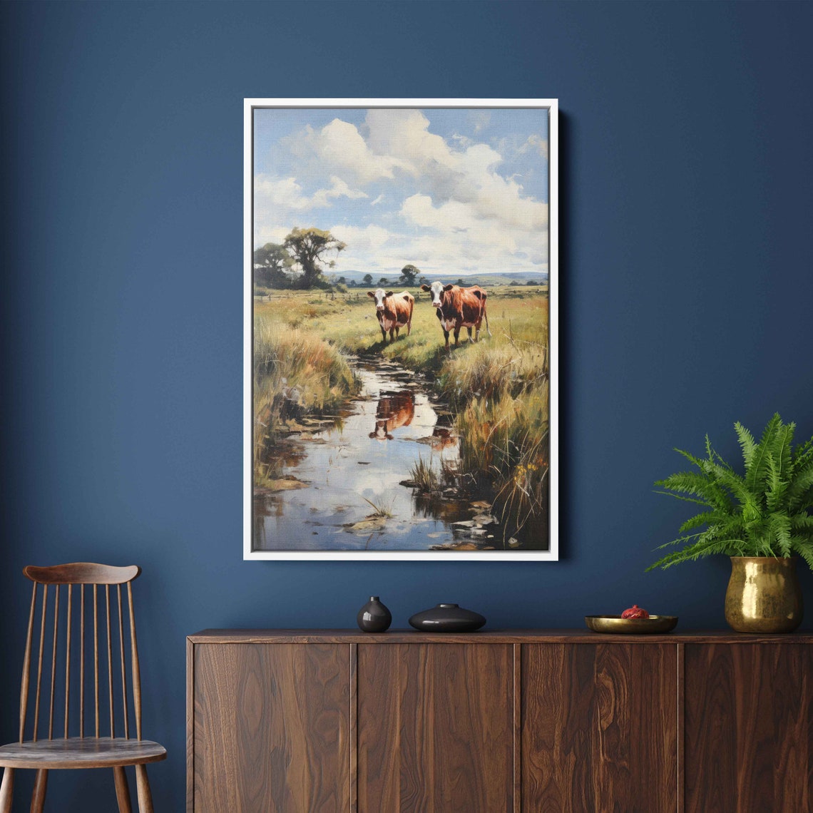 Brown Cows By Sunny Stream Pasture Reflections Countryside Art Poster - Image 2
