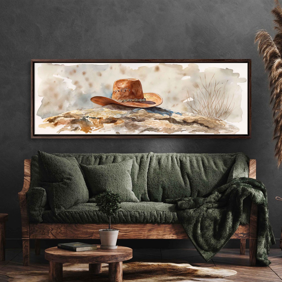 Cowboy Hat On Desert Rock Watercolor Rustic Western Wall Art