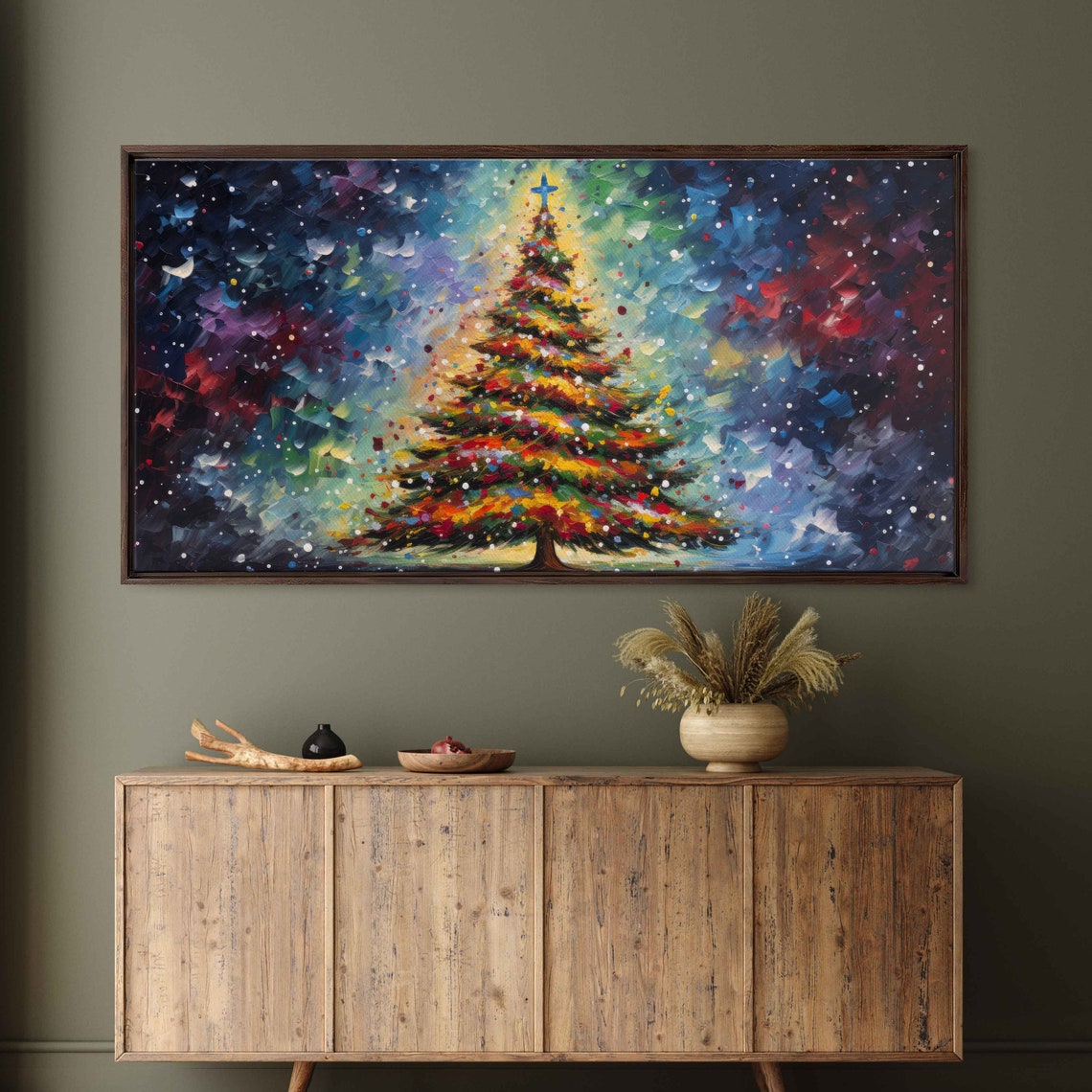 Vibrant Christmas Tree Colorful Impasto Cosmic Sky Painting Poster - Image 3